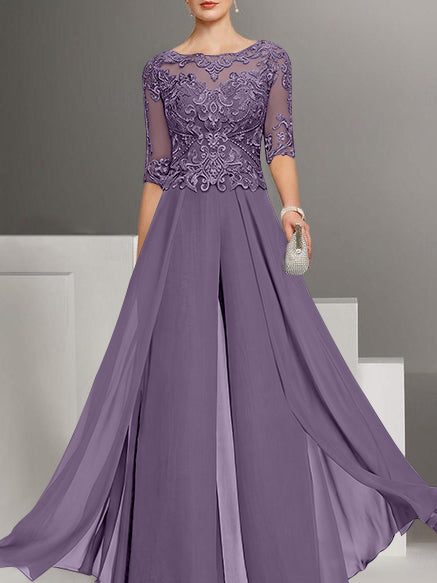 Chiffon Jewel Neck Half Sleeves Ankle-Length Plus Size Mother of the Bride Pantsuits with Lace