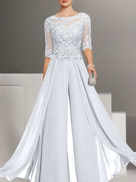 Chiffon Jewel Neck Half Sleeves Ankle-Length Plus Size Mother of the Bride Pantsuits with Lace