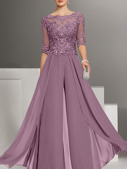 Chiffon Jewel Neck Half Sleeves Ankle-Length Plus Size Mother of the Bride Pantsuits with Lace