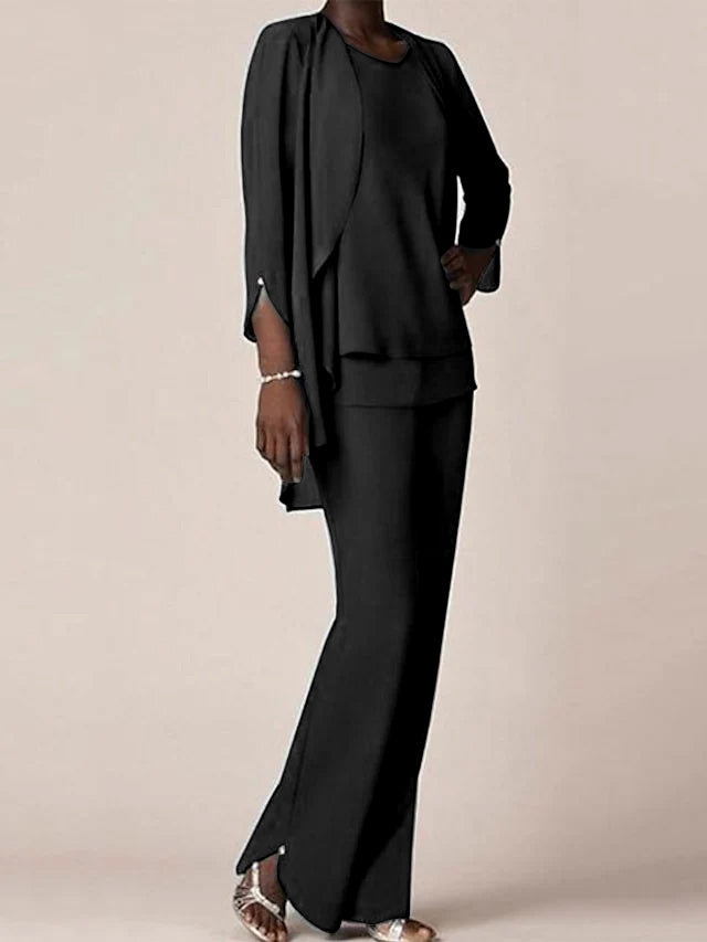 Chiffon V-Neck Long Sleeves Floor-Length Mother of the Bride Pantsuits with Ruffles