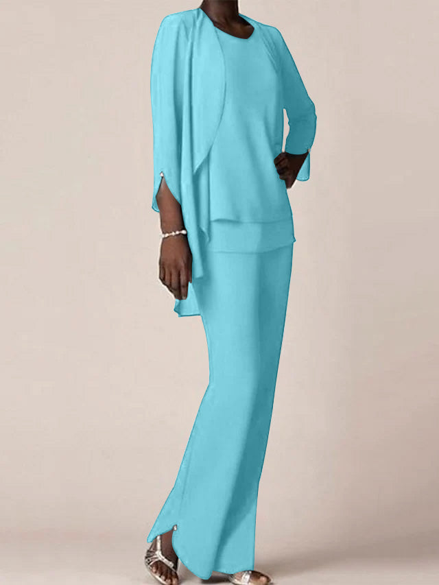 Chiffon Scoop Long Sleeves Floor-Length Mother of the Bride Pantsuits with Ruffles