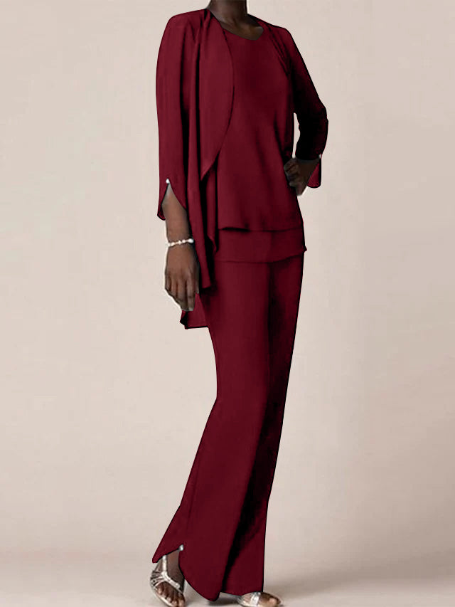 Chiffon V-Neck Long Sleeves Floor-Length Mother of the Bride Pantsuits with Ruffles