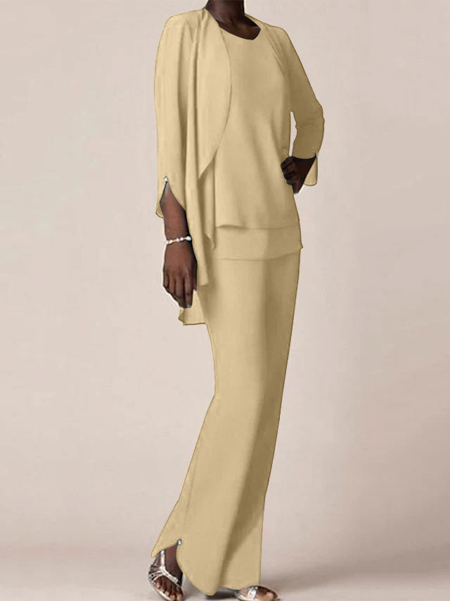 Chiffon V-Neck Long Sleeves Floor-Length Mother of the Bride Pantsuits with Ruffles