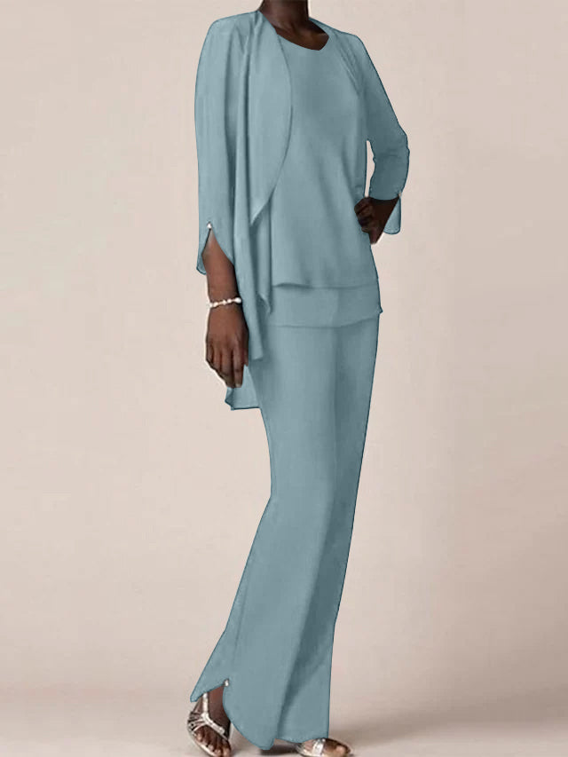 Chiffon V-Neck Long Sleeves Floor-Length Mother of the Bride Pantsuits with Ruffles