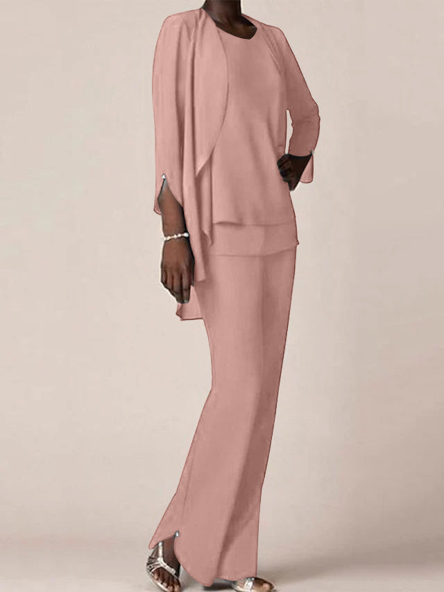 Chiffon V-Neck Long Sleeves Floor-Length Mother of the Bride Pantsuits with Ruffles