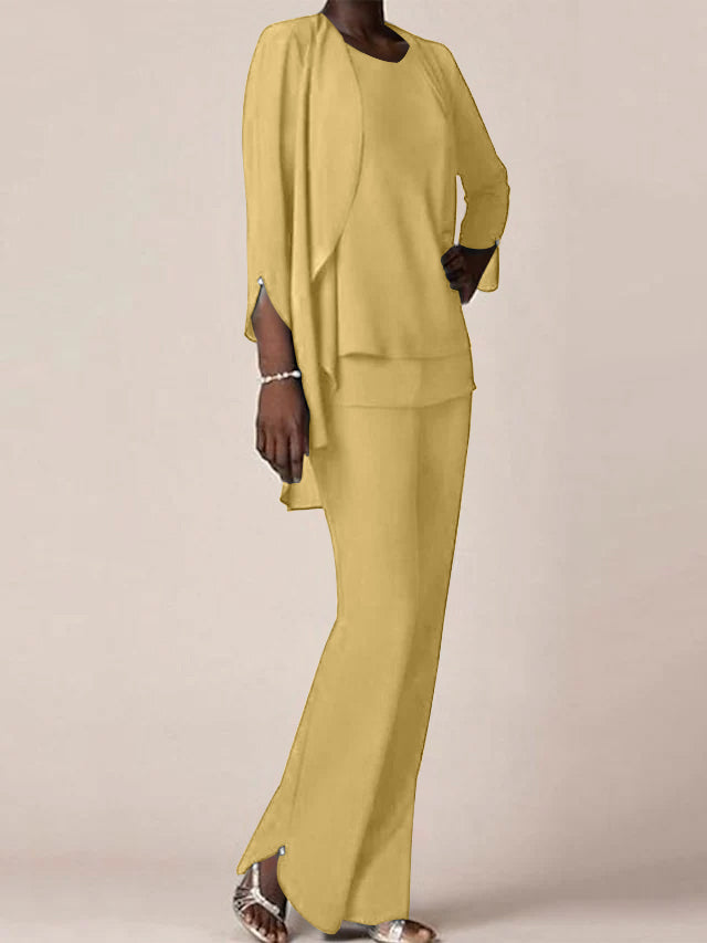 Chiffon V-Neck Long Sleeves Floor-Length Mother of the Bride Pantsuits with Ruffles