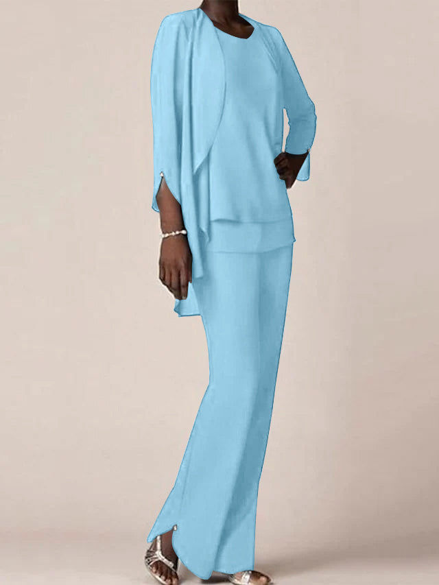 Chiffon V-Neck Long Sleeves Floor-Length Mother of the Bride Pantsuits with Ruffles