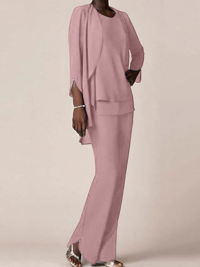 Chiffon V-Neck Long Sleeves Floor-Length Mother of the Bride Pantsuits with Ruffles