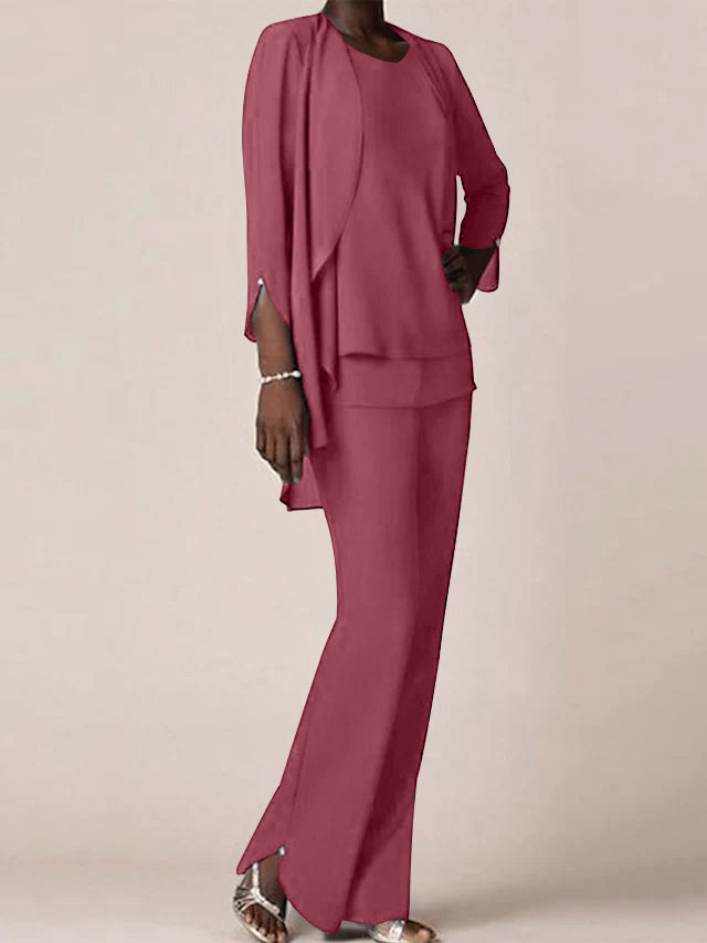 Chiffon V-Neck Long Sleeves Floor-Length Mother of the Bride Pantsuits with Ruffles