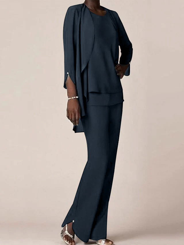 Chiffon V-Neck Long Sleeves Floor-Length Mother of the Bride Pantsuits with Ruffles