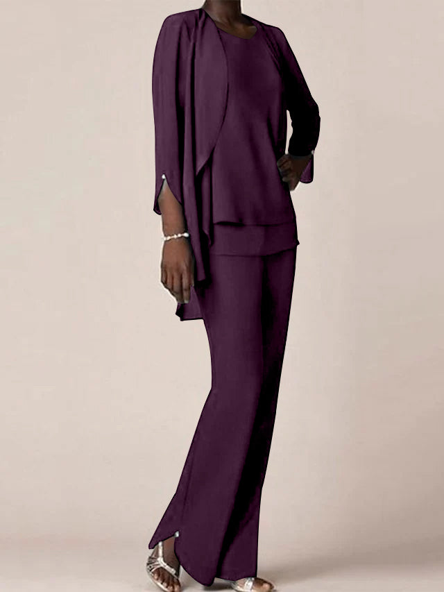 Chiffon V-Neck Long Sleeves Floor-Length Mother of the Bride Pantsuits with Ruffles