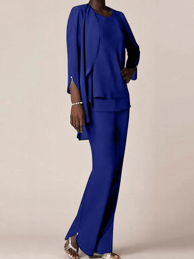 Chiffon V-Neck Long Sleeves Floor-Length Mother of the Bride Pantsuits with Ruffles
