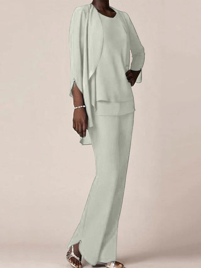 Chiffon V-Neck Long Sleeves Floor-Length Mother of the Bride Pantsuits with Ruffles