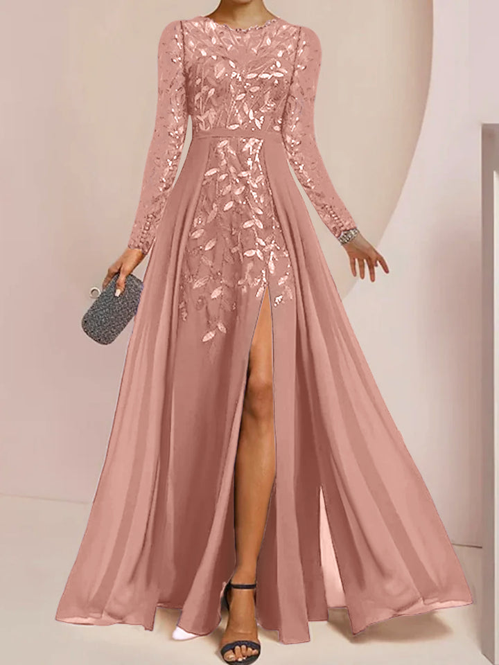 A-Line/Princess Scoop Long Sleeves Floor-Length Mother of the Bride Dresses with Split Side, Ruffles & Sequins