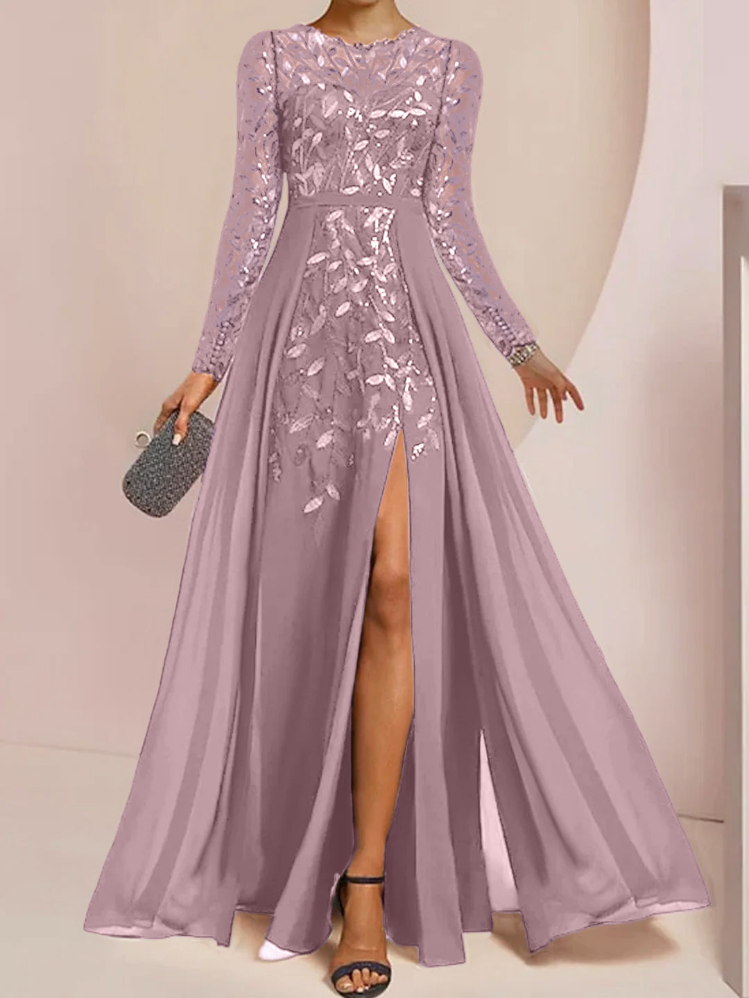 A-Line/Princess Scoop Long Sleeves Floor-Length Mother of the Bride Dresses with Split Side, Ruffles & Sequins