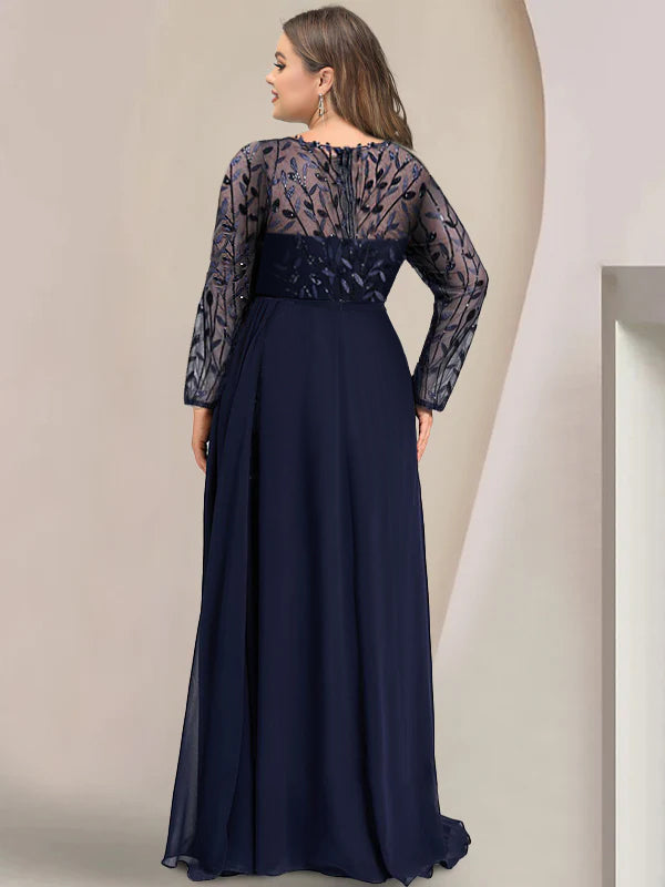 A-Line/Princess Scoop Long Sleeves Floor-Length Mother of the Bride Dresses with Split Side, Ruffles & Sequins