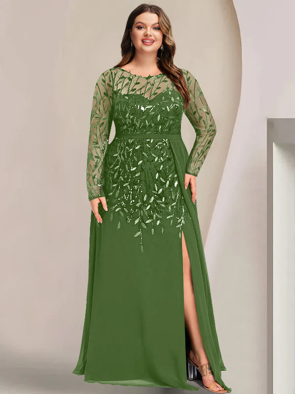 A-Line/Princess Scoop Long Sleeves Floor-Length Plus Size Mother of the Bride Dresses with Split Side, Ruffles & Sequins