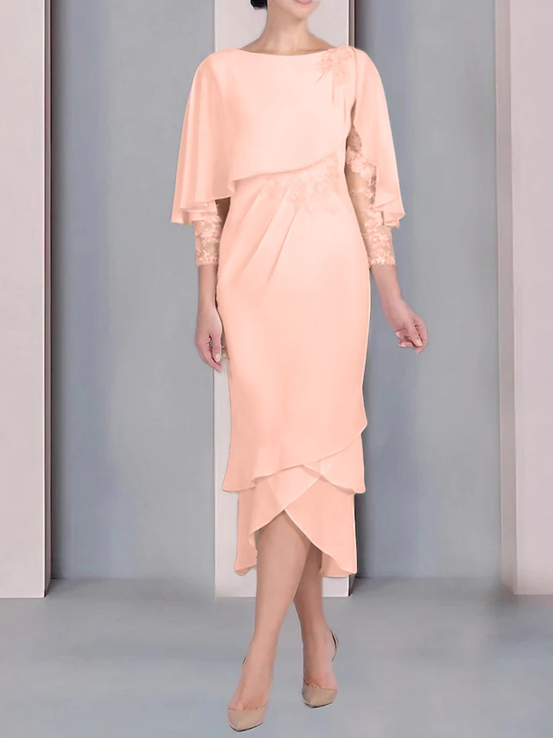 Sheath/Column Scoop Short Sleeves Tea-Length Mother of the Bride Dresses with Appliques & Lace Burnt Orange Sheath/Column Scoop Short Sleeves Tea-Length Mother of the Bride Dresses with Appliques & Lace Burnt Orange