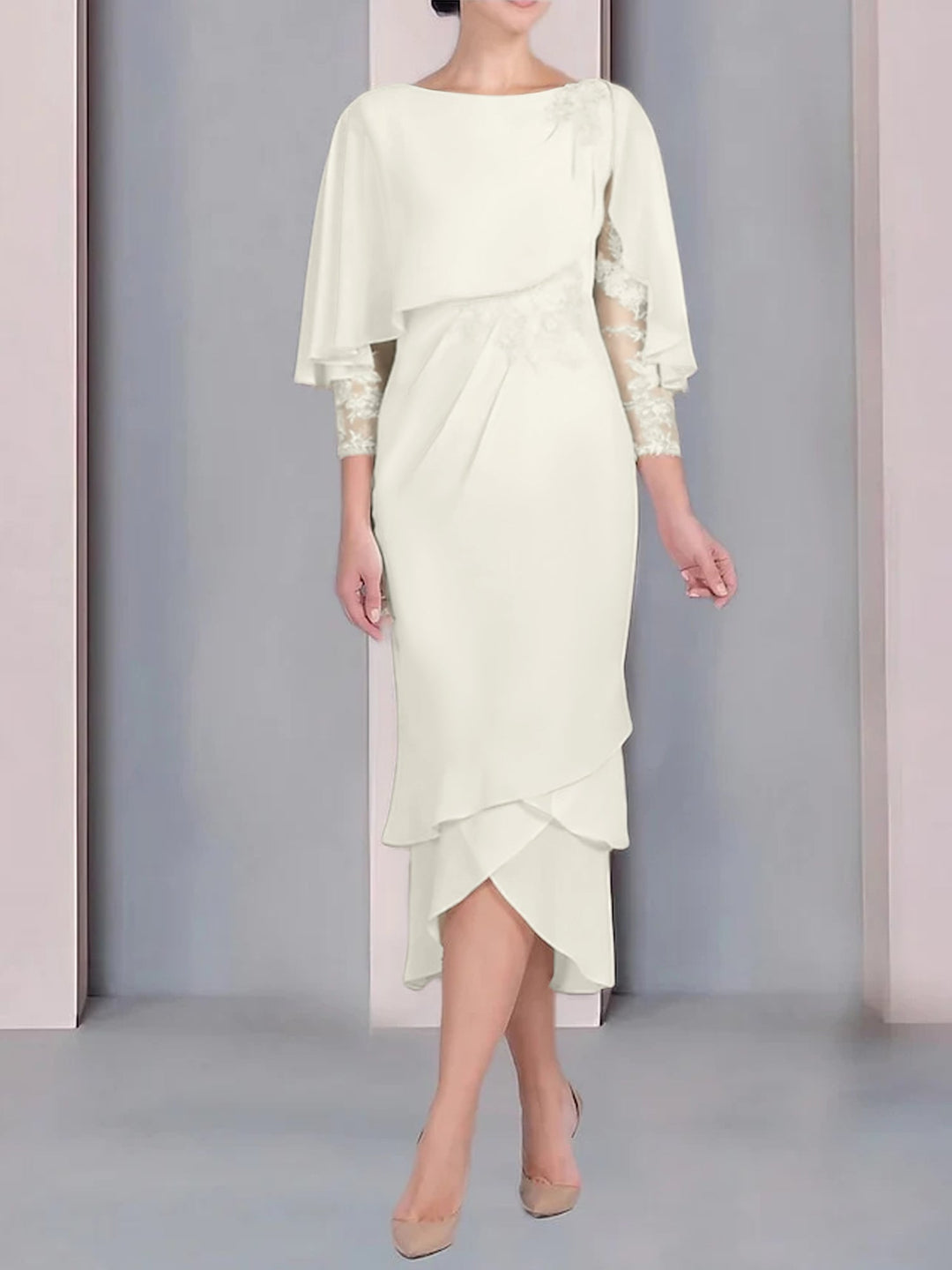 Sheath/Column Scoop Short Sleeves Tea-Length Mother of the Bride Dresses with Appliques & Lace Burnt Orange Sheath/Column Scoop Short Sleeves Tea-Length Mother of the Bride Dresses with Appliques & Lace Burnt Orange