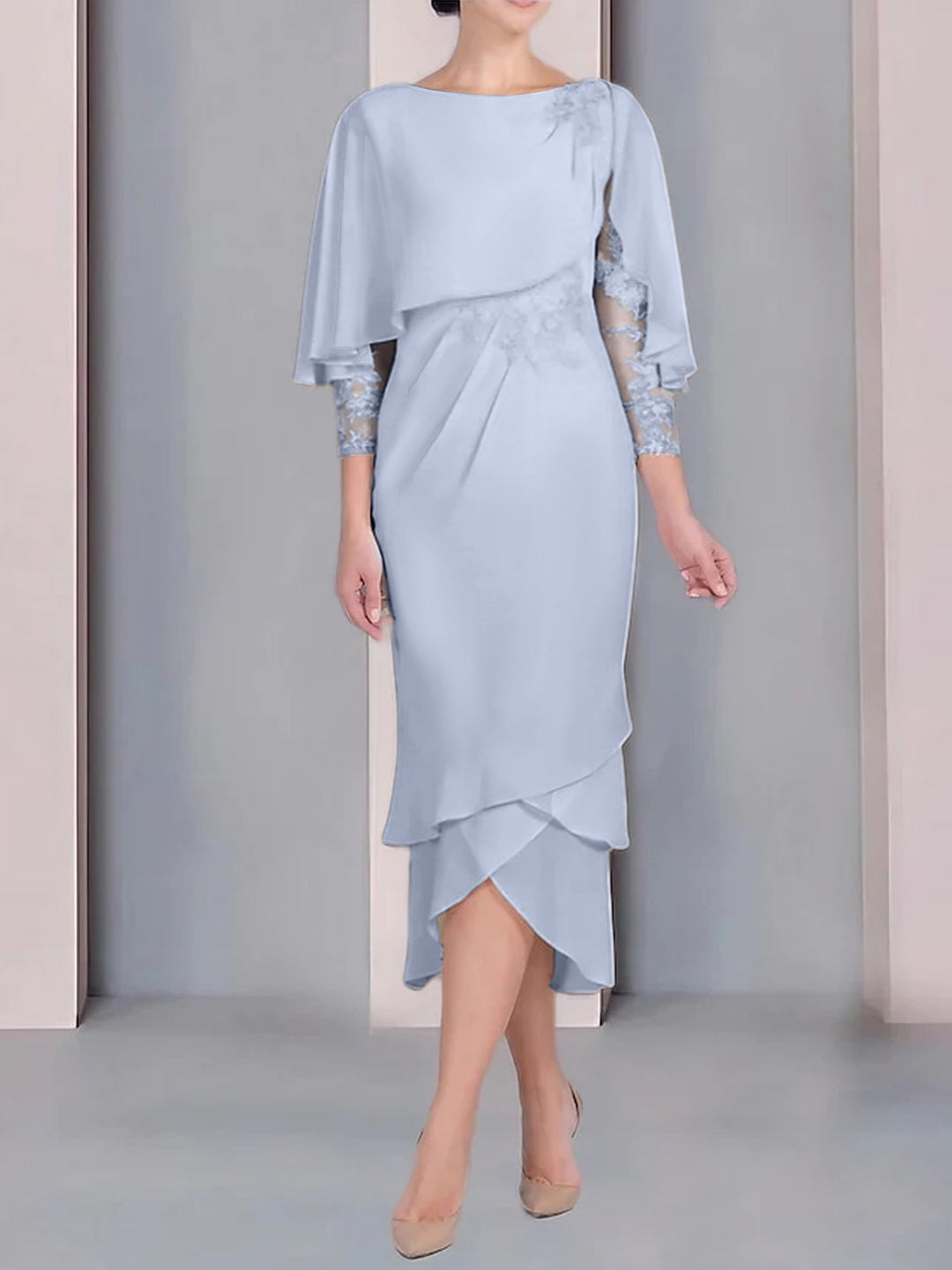 Sheath/Column Scoop Short Sleeves Tea-Length Mother of the Bride Dresses with Appliques & Lace Burnt Orange Sheath/Column Scoop Short Sleeves Tea-Length Mother of the Bride Dresses with Appliques & Lace Burnt Orange