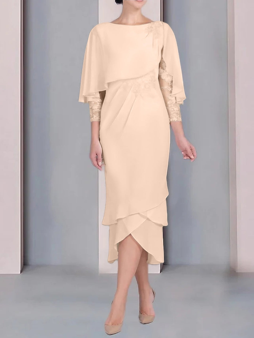 Sheath/Column Scoop Short Sleeves Tea-Length Mother of the Bride Dresses with Appliques & Lace Burnt Orange Sheath/Column Scoop Short Sleeves Tea-Length Mother of the Bride Dresses with Appliques & Lace Burnt Orange