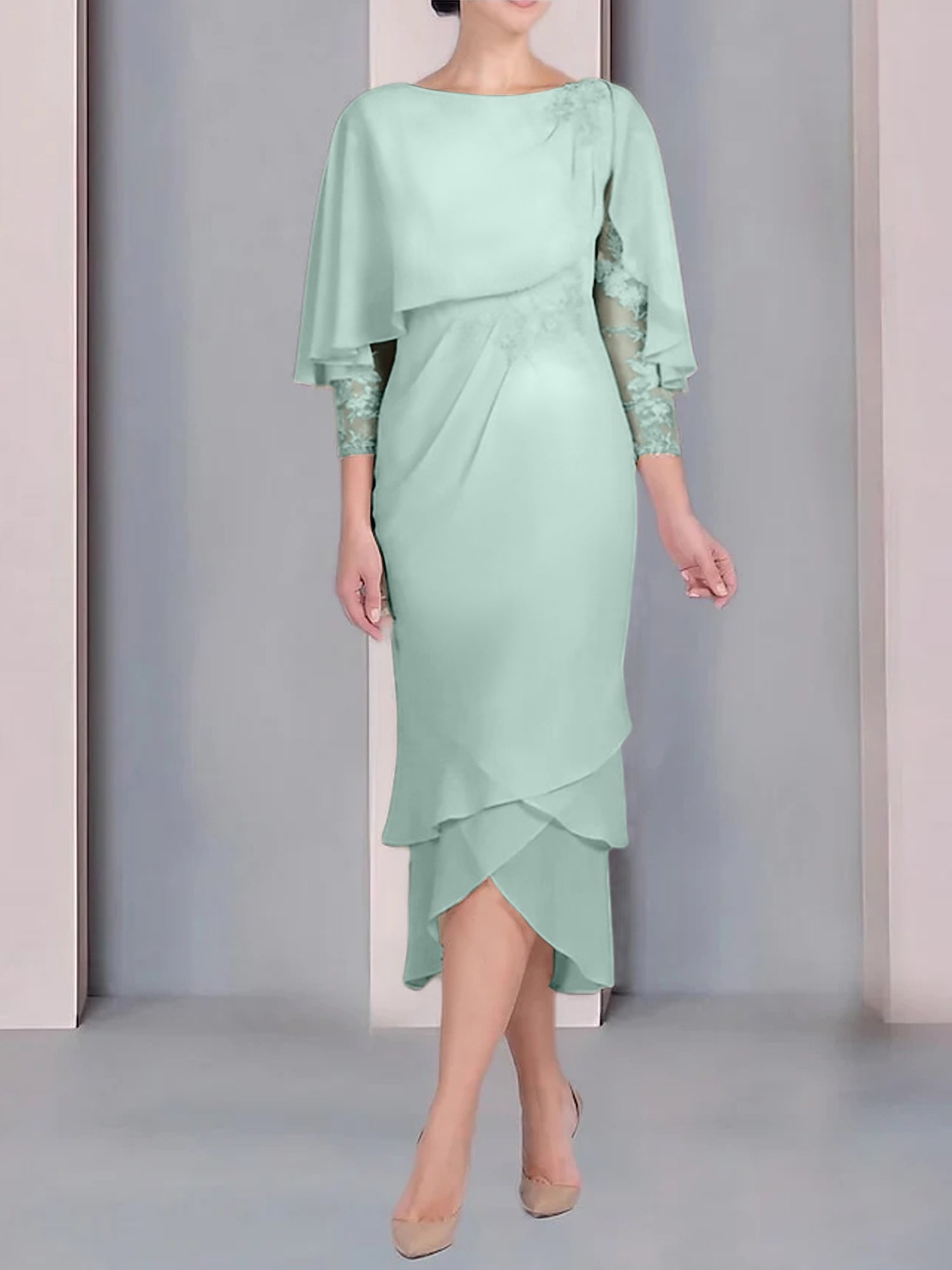 Sheath/Column Scoop Short Sleeves Tea-Length Mother of the Bride