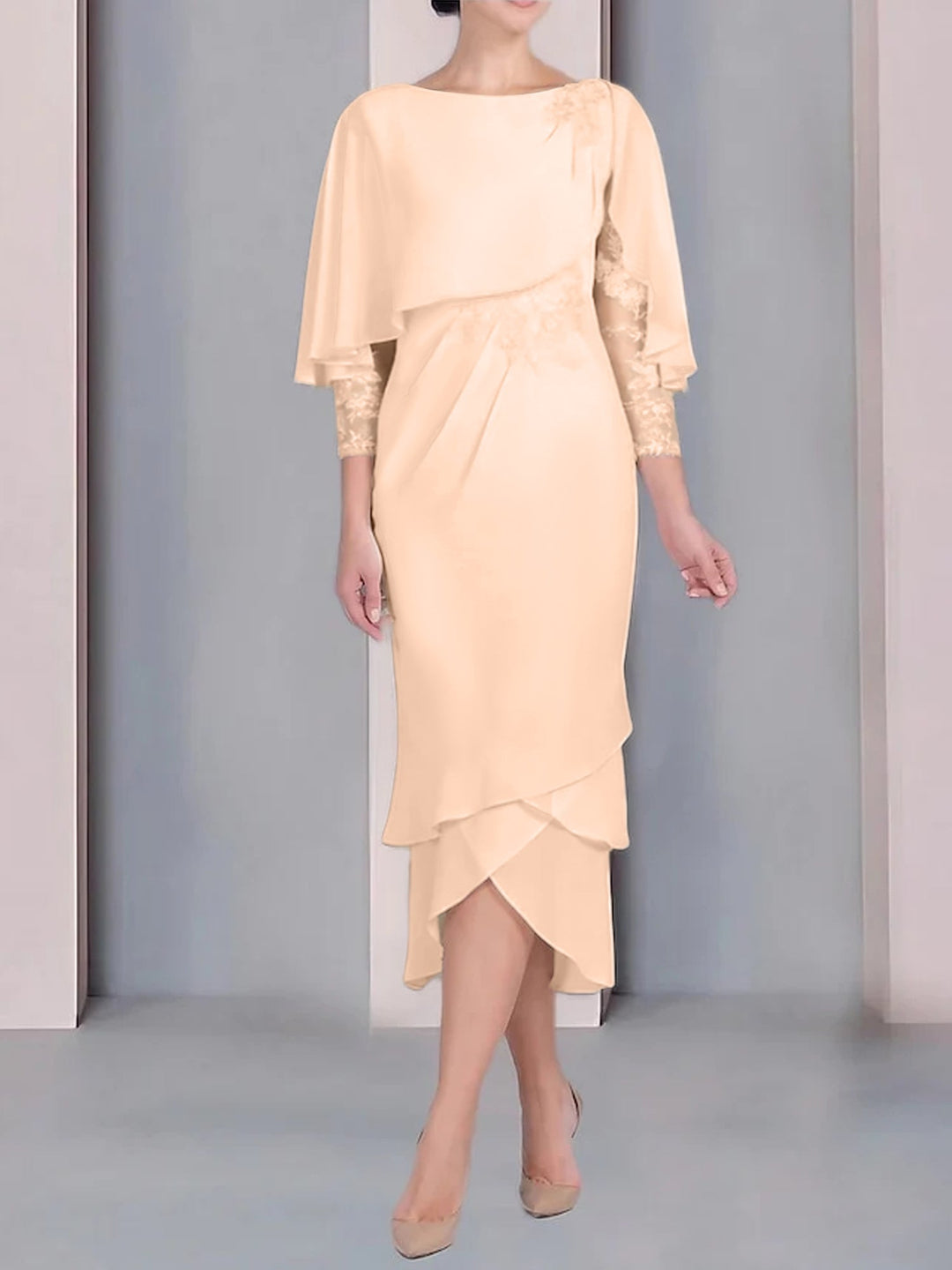 Sheath/Column Scoop Short Sleeves Tea-Length Mother of the Bride Dresses with Appliques & Lace Burnt Orange Sheath/Column Scoop Short Sleeves Tea-Length Mother of the Bride Dresses with Appliques & Lace Burnt Orange