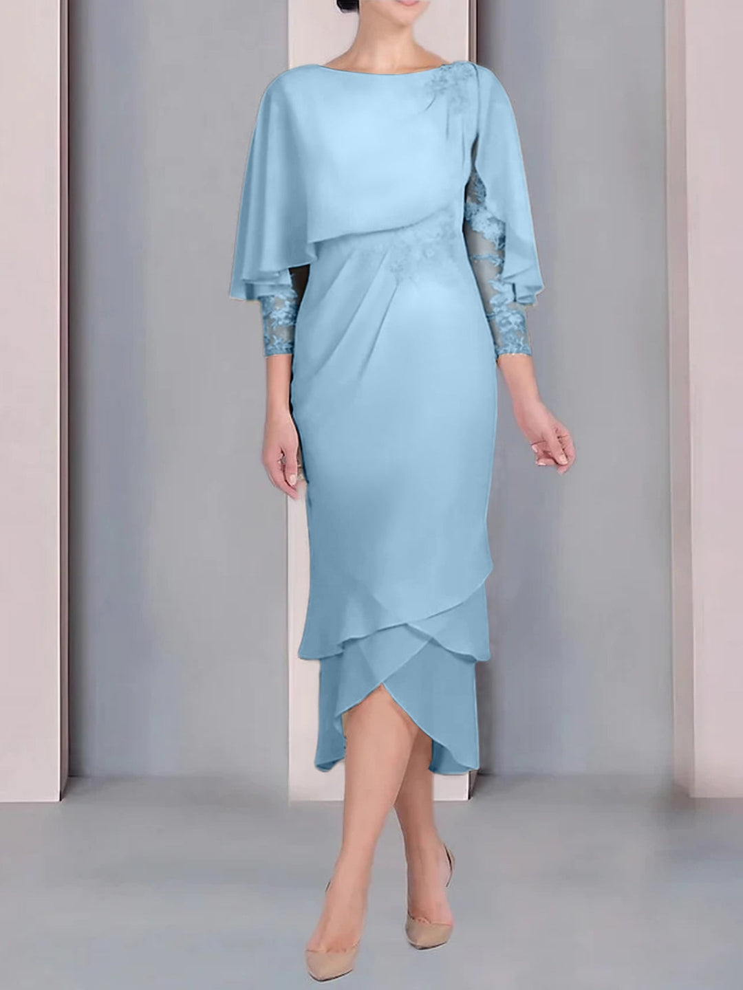 Sheath/Column Scoop Short Sleeves Tea-Length Mother of the Bride Dresses with Appliques & Lace Light Sky Blue Sheath/Column Scoop Short Sleeves Tea-Length Mother of the Bride Dresses with Appliques & Lace Light Sky Blue