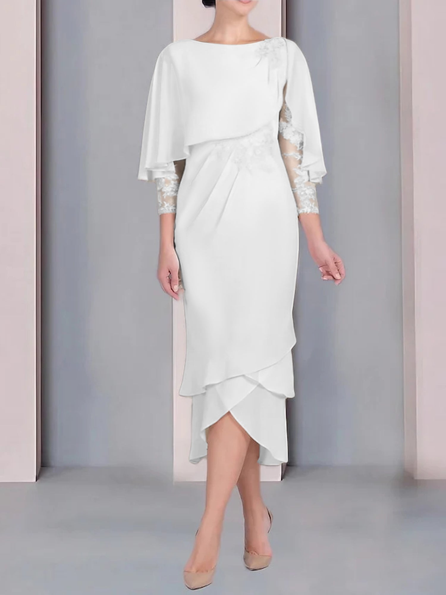 Sheath/Column Scoop Short Sleeves Tea-Length Mother of the Bride