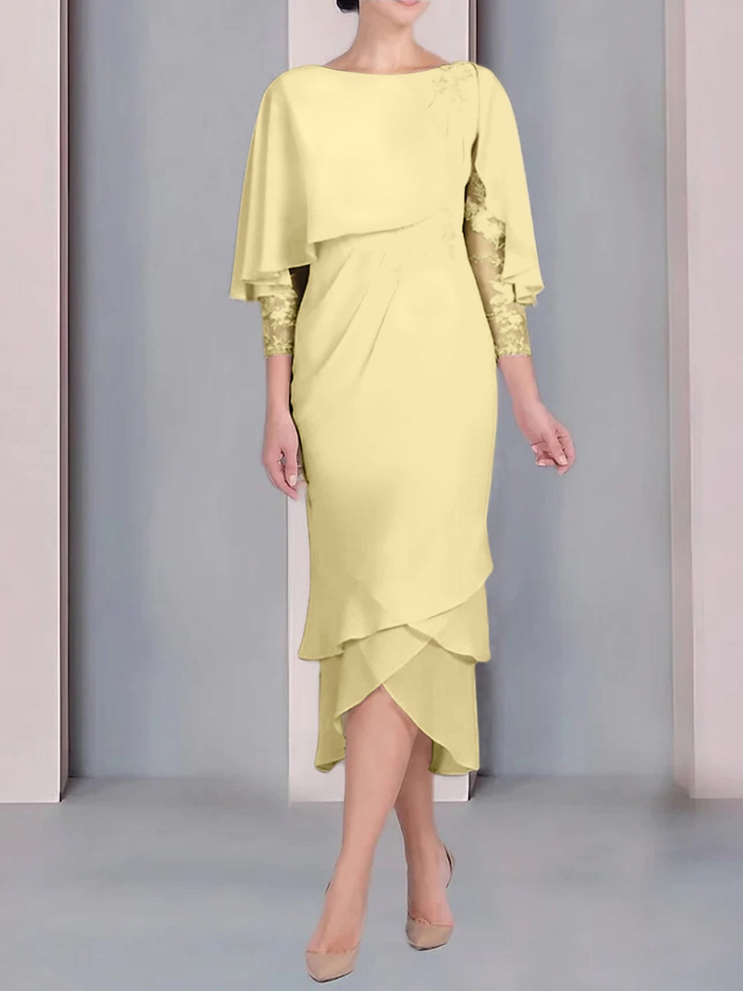 Sheath/Column Scoop Short Sleeves Tea-Length Mother of the Bride Dresses with Appliques & Lace Canary