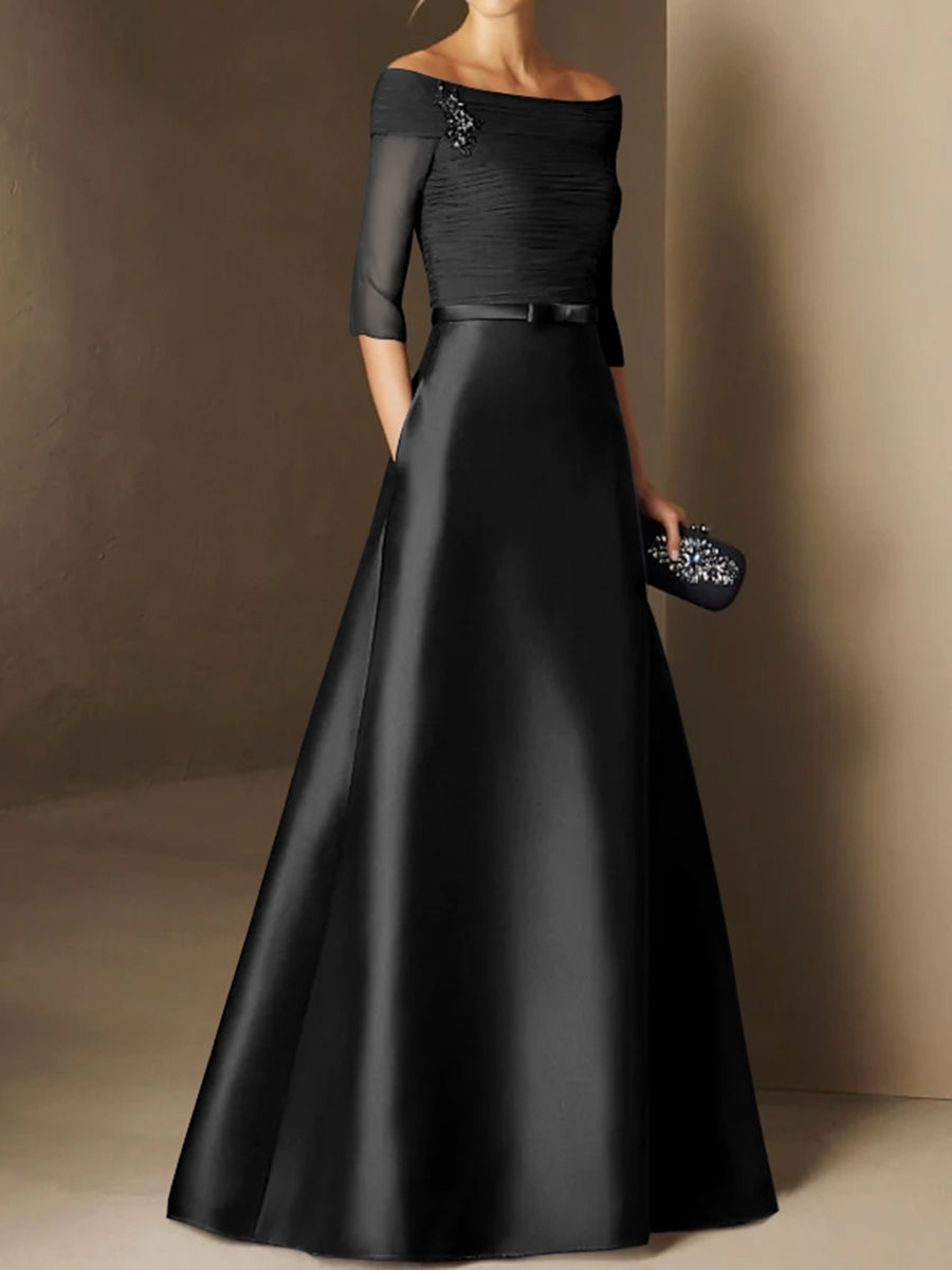 A-Line/Princess Off-the-Shoulder Short Sleeves Mother of the Bride Dresses with Belt Applique