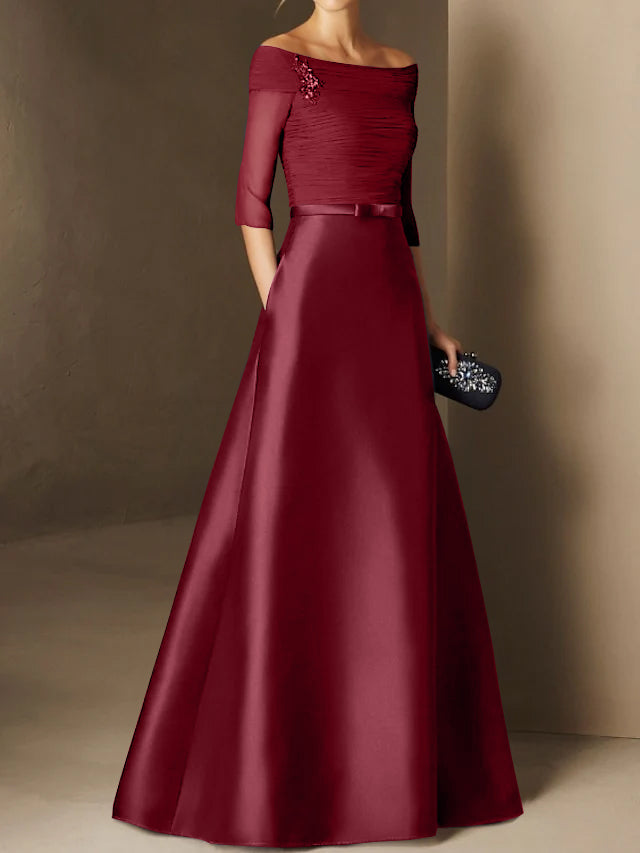 A-Line/Princess Off-the-Shoulder Short Sleeves Mother of the Bride Dresses with Belt Applique Burgundy A-Line/Princess Off-the-Shoulder Short Sleeves Mother of the Bride Dresses with Belt Applique Burgundy