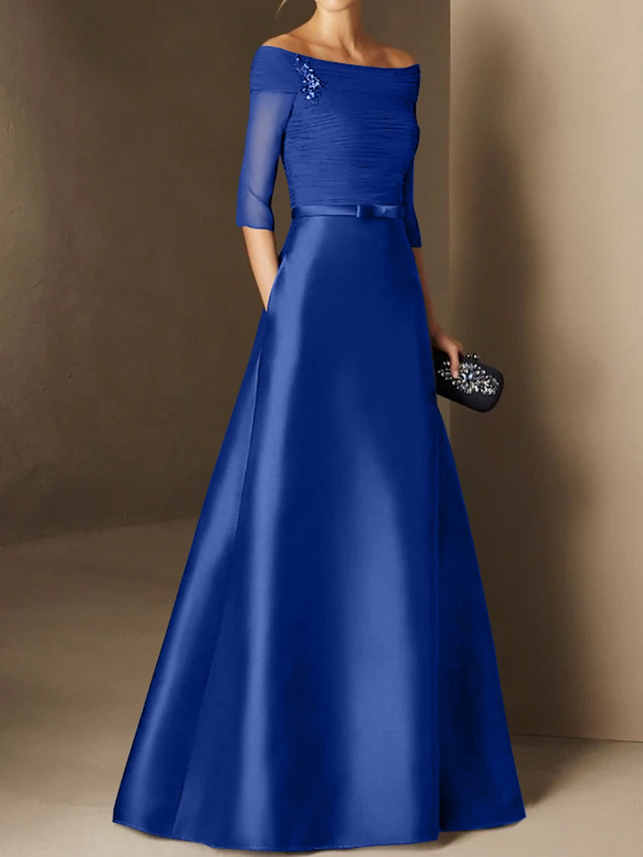 A-Line/Princess Off-the-Shoulder Short Sleeves Mother of the Bride Dresses with Belt Applique Green Black A-Line/Princess Off-the-Shoulder Short Sleeves Mother of the Bride Dresses with Belt Applique Green Black