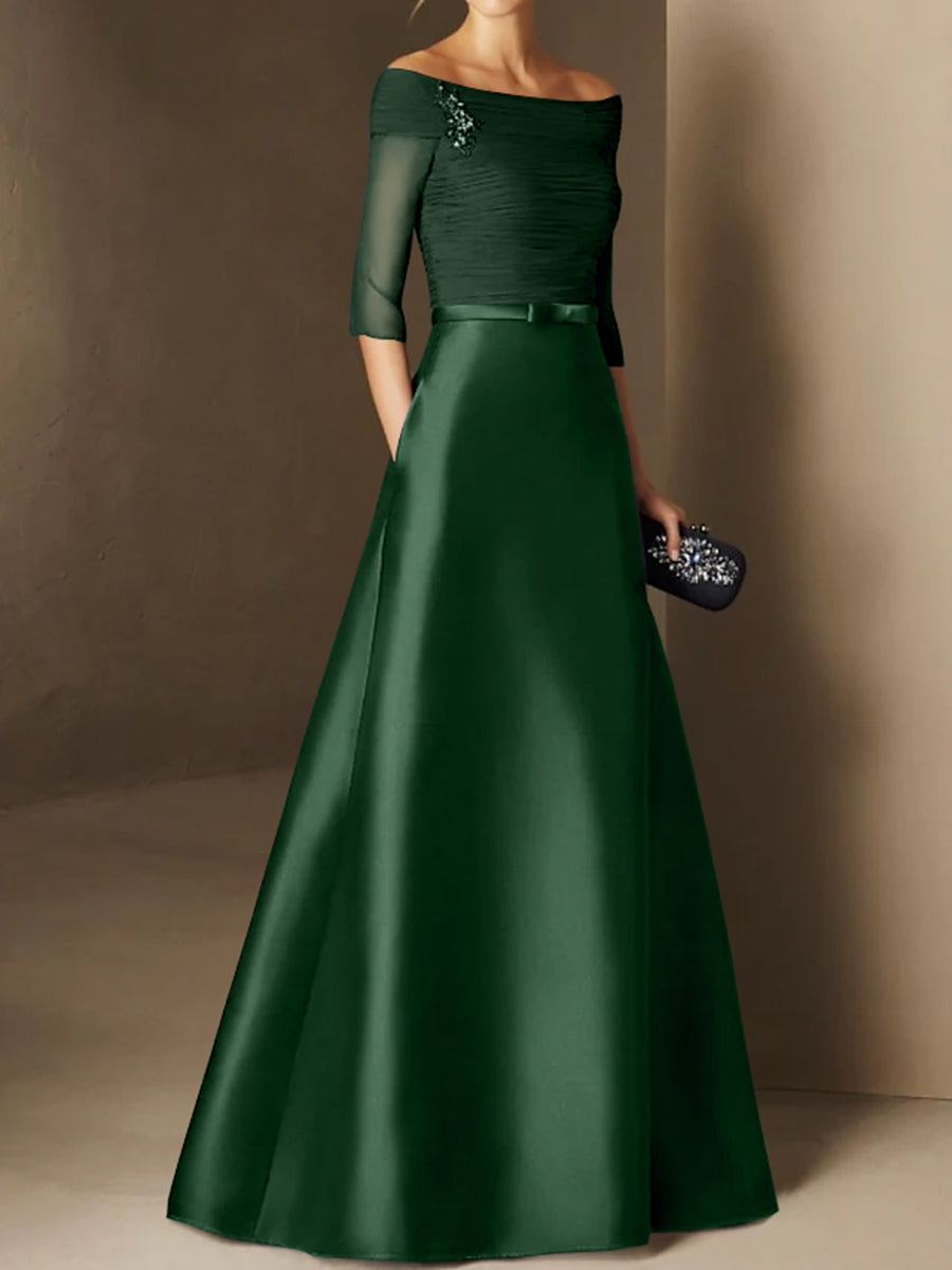A-Line/Princess Off-the-Shoulder Short Sleeves Mother of the Bride Dresses with Belt Applique Green Black A-Line/Princess Off-the-Shoulder Short Sleeves Mother of the Bride Dresses with Belt Applique Green Black