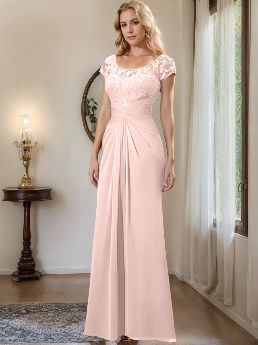 pearl pink mother of the bride dresses Pearl Pink Mother Of The Bride Dress V-Neck A-Line Half Sleeves Ruched Zipper Long Chiffon Mother Of The Bride Dress