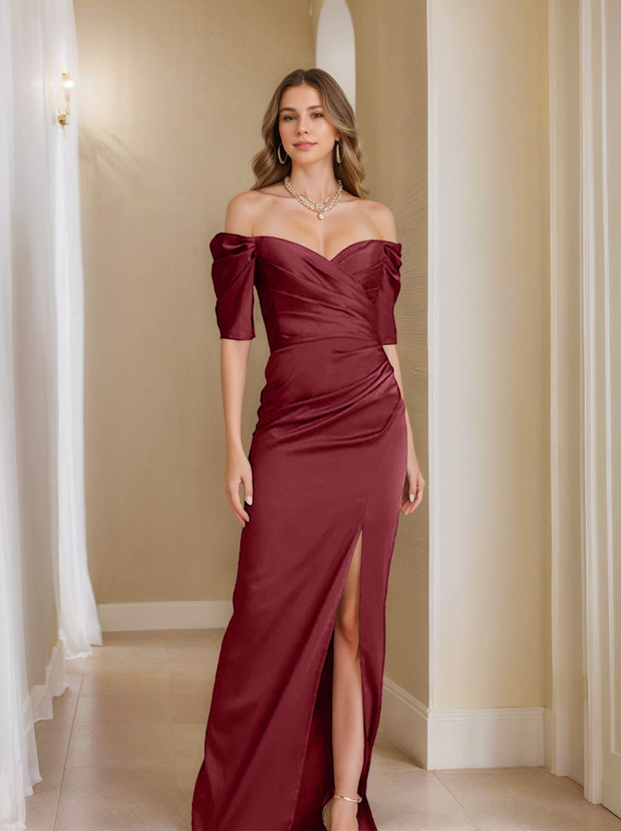 Sheath/Column Off-the-Shoulder Short Sleeves Mother of the Bride Dresses With Split Front