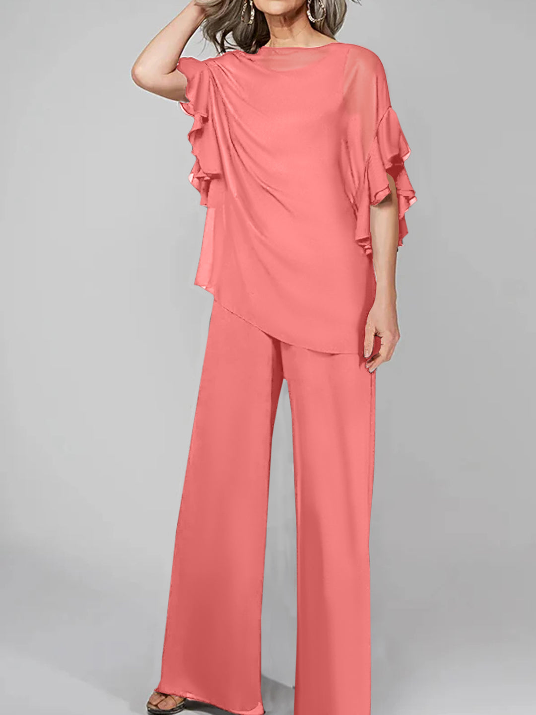 Jumpsuits Scoop Half Sleeves Chiffon Mother Of The Bride Pantsuits