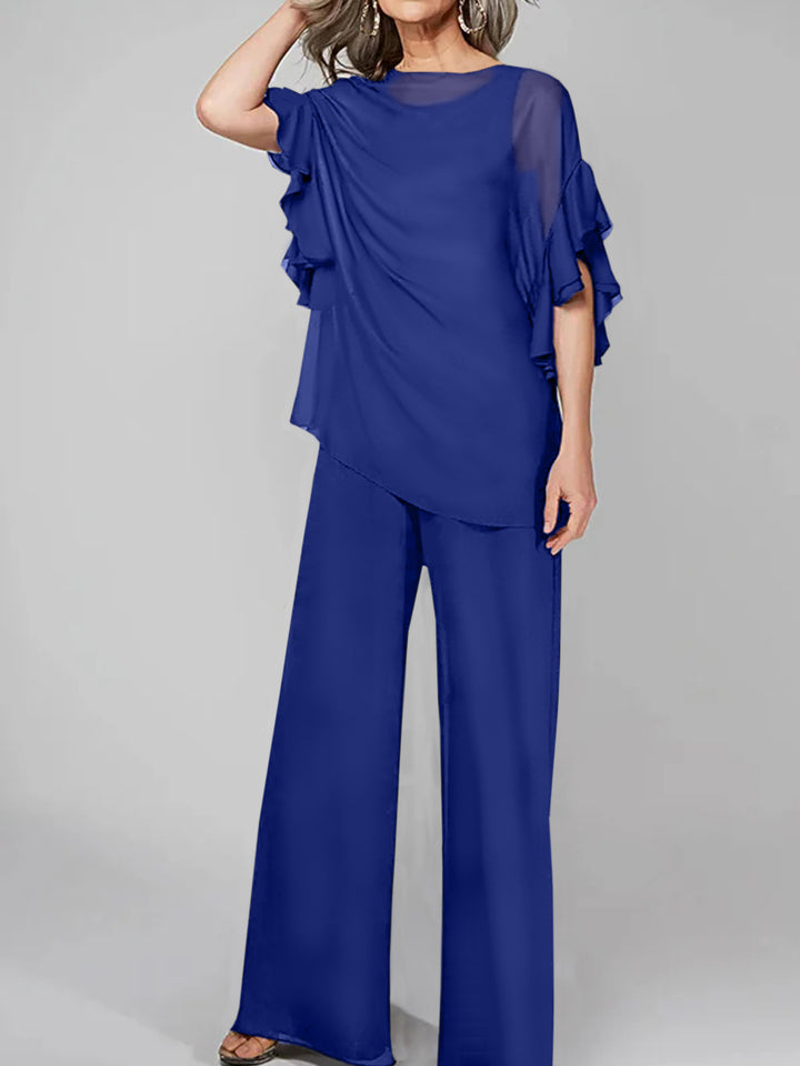 Jumpsuits Scoop Half Sleeves Chiffon Mother Of The Bride Pantsuits