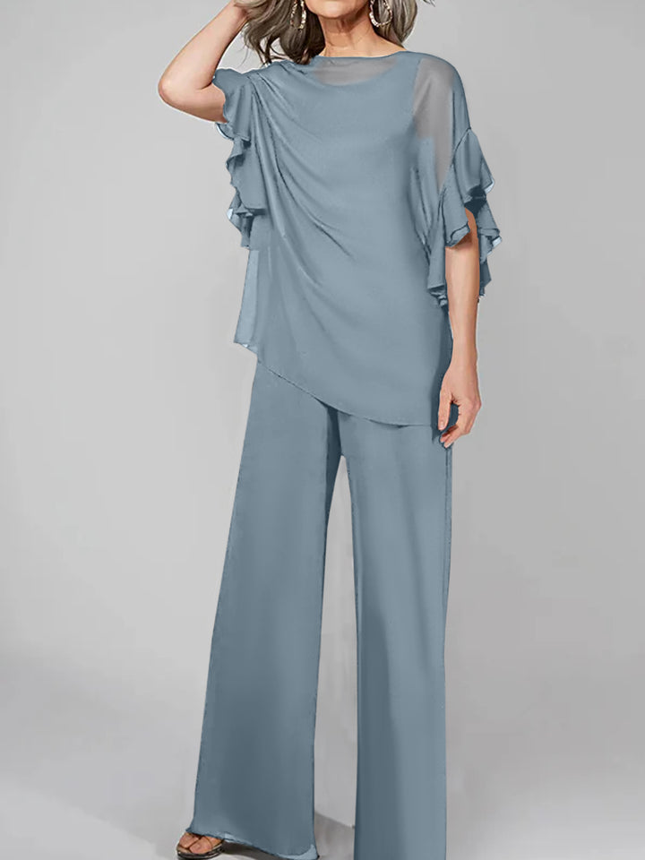 Jumpsuits Scoop Half Sleeves Chiffon Mother Of The Bride Pantsuits