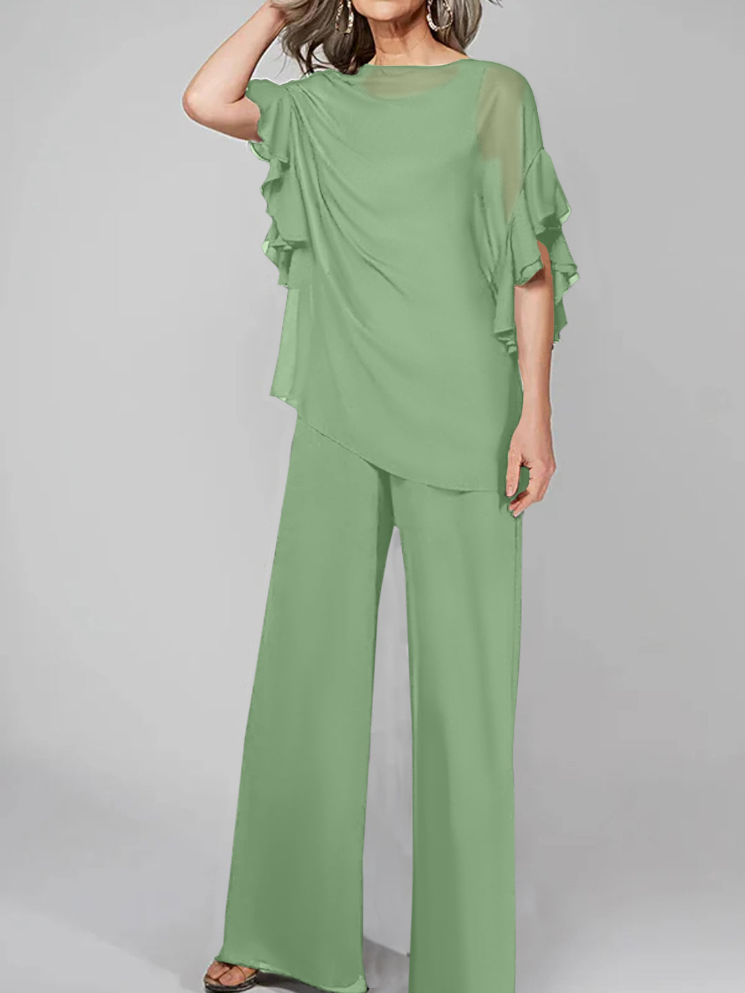 Jumpsuits Scoop Half Sleeves Chiffon Mother Of The Bride Pantsuits