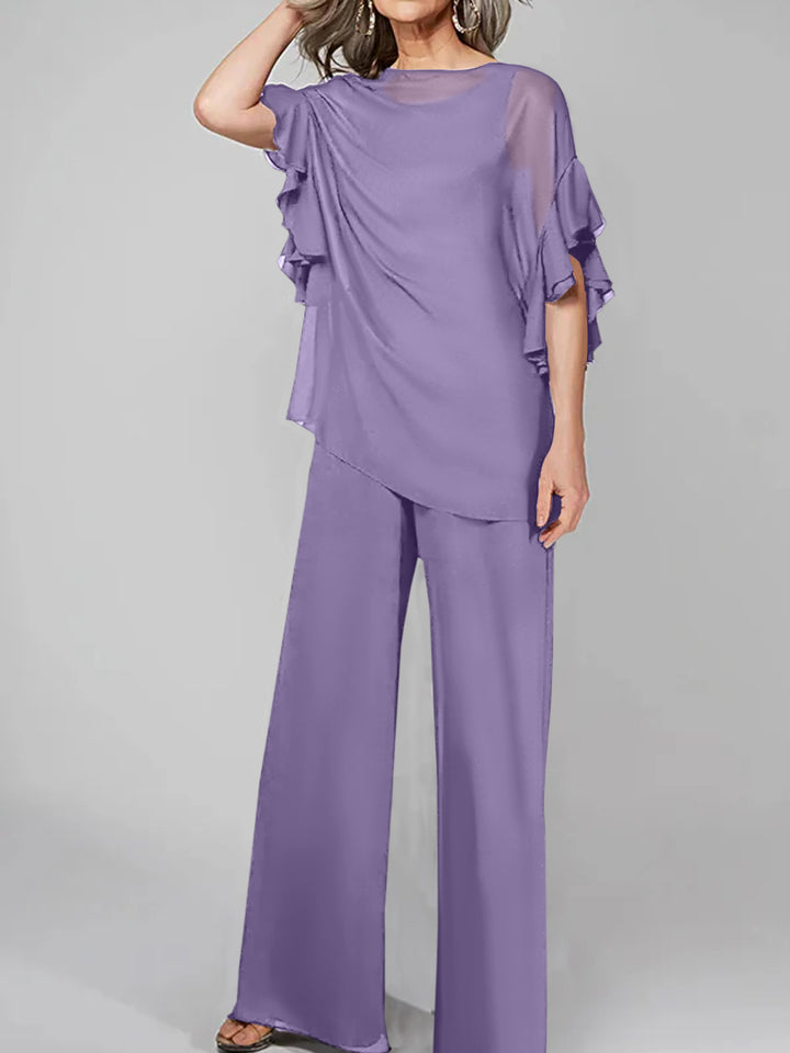Jumpsuits Scoop Half Sleeves Chiffon Mother Of The Bride Pantsuits