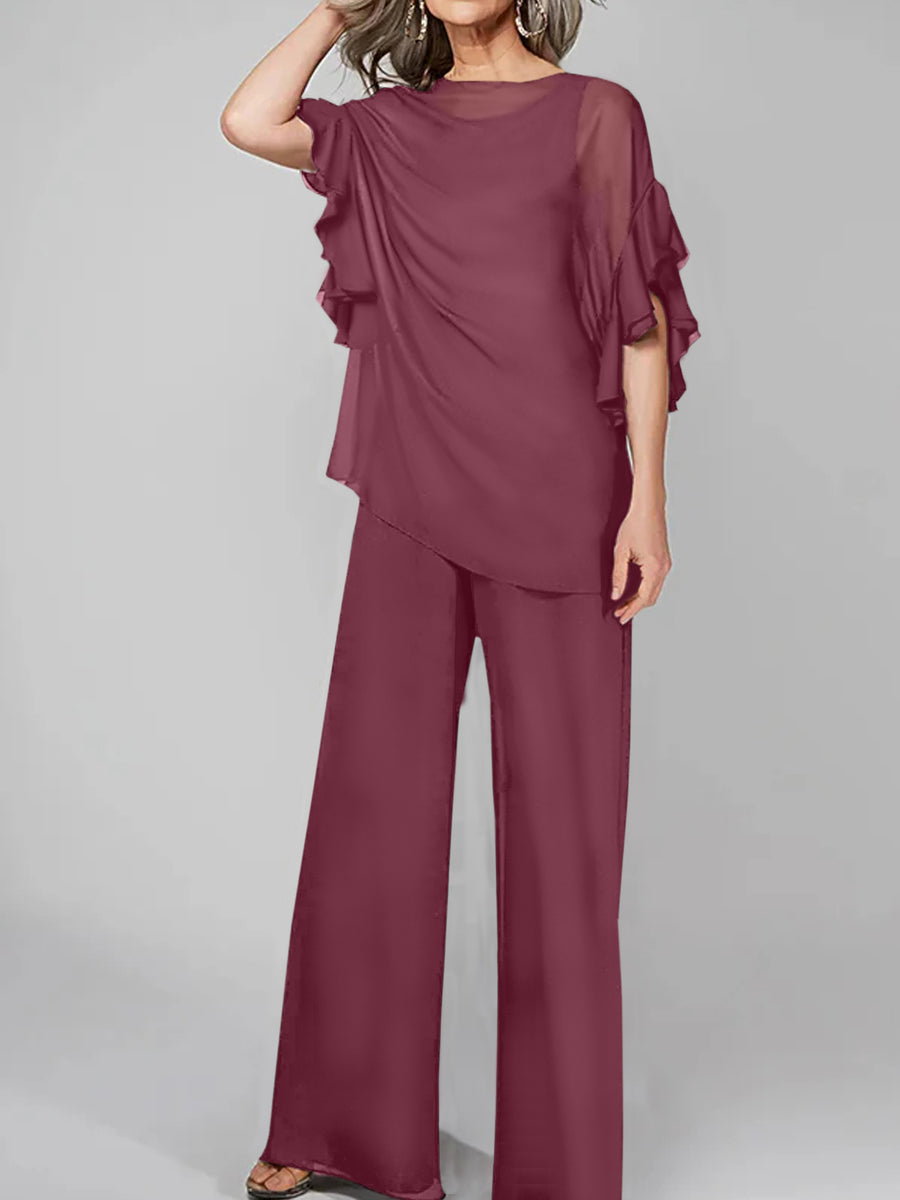 Jumpsuits Scoop Half Sleeves Chiffon Mother Of The Bride Pantsuits