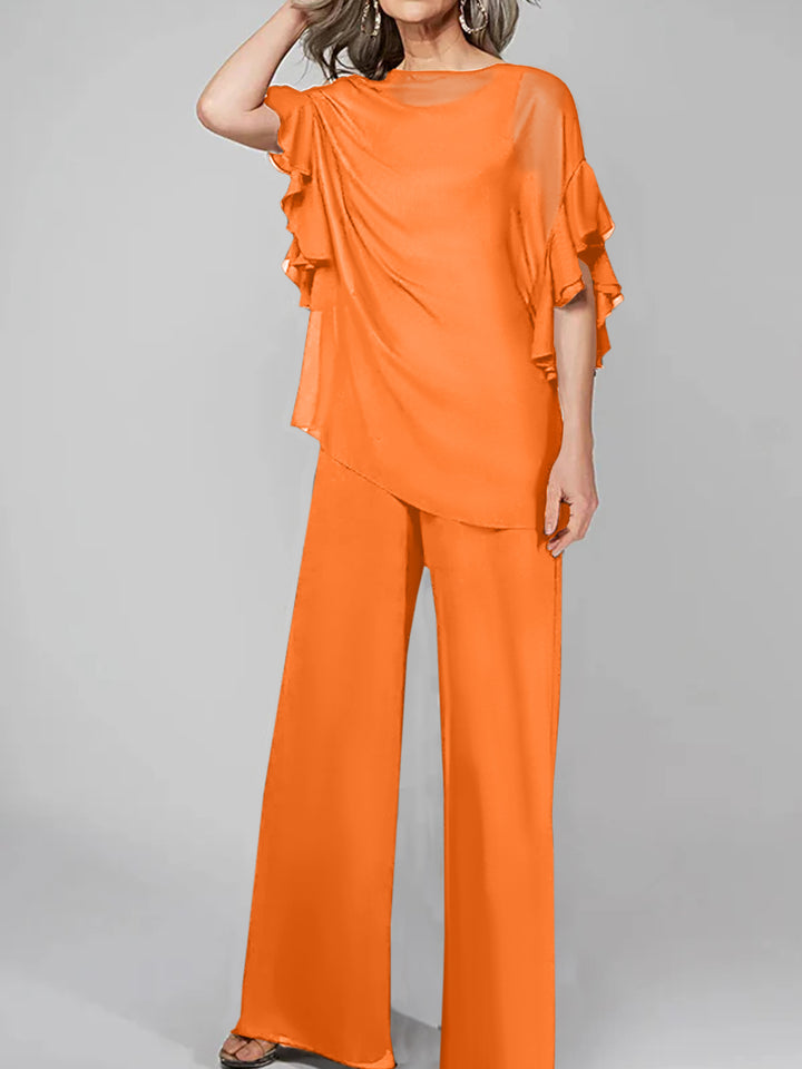 Jumpsuits Scoop Half Sleeves Chiffon Mother Of The Bride Pantsuits