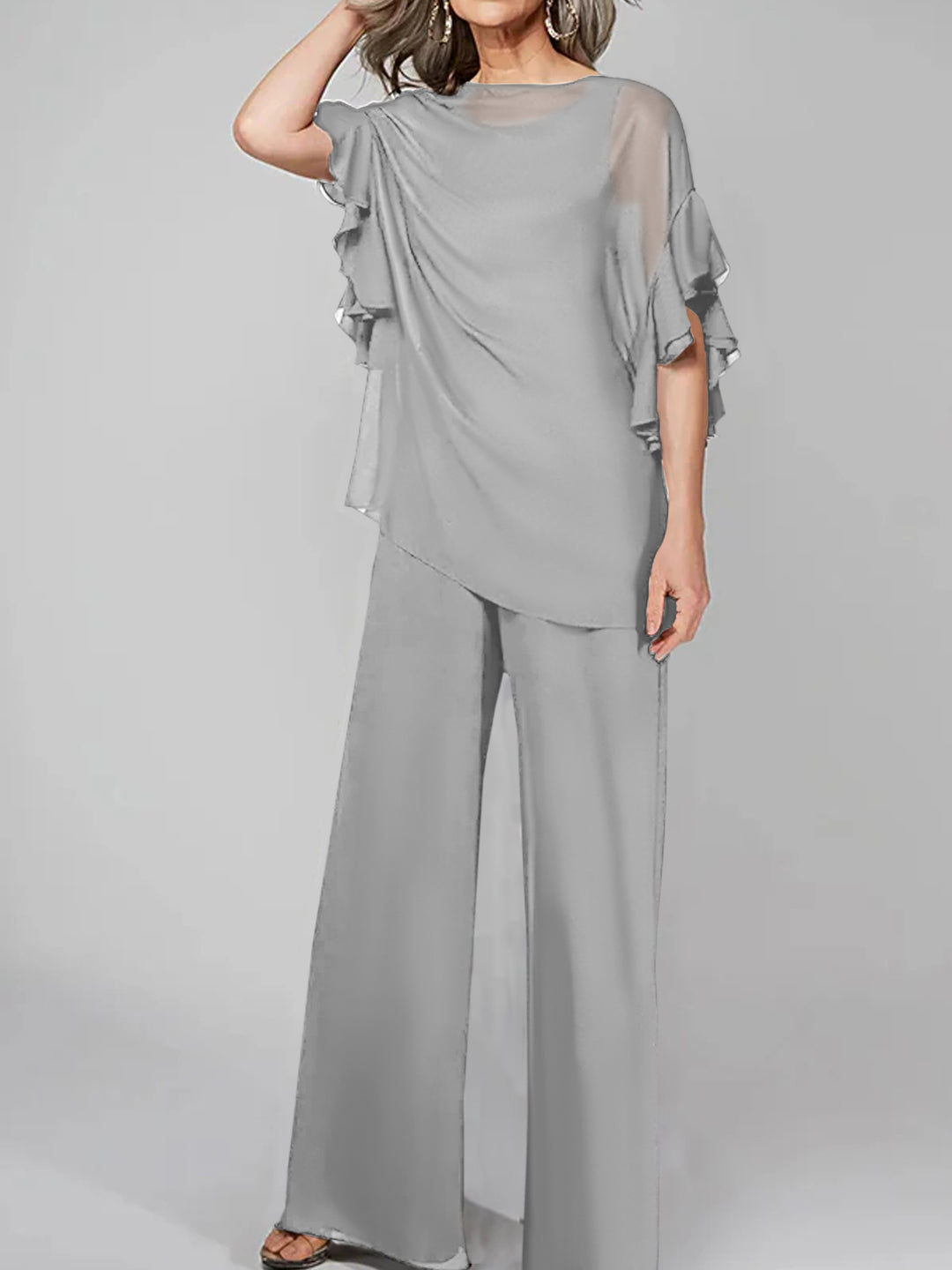 Jumpsuits Scoop Half Sleeves Chiffon Mother Of The Bride Pantsuits