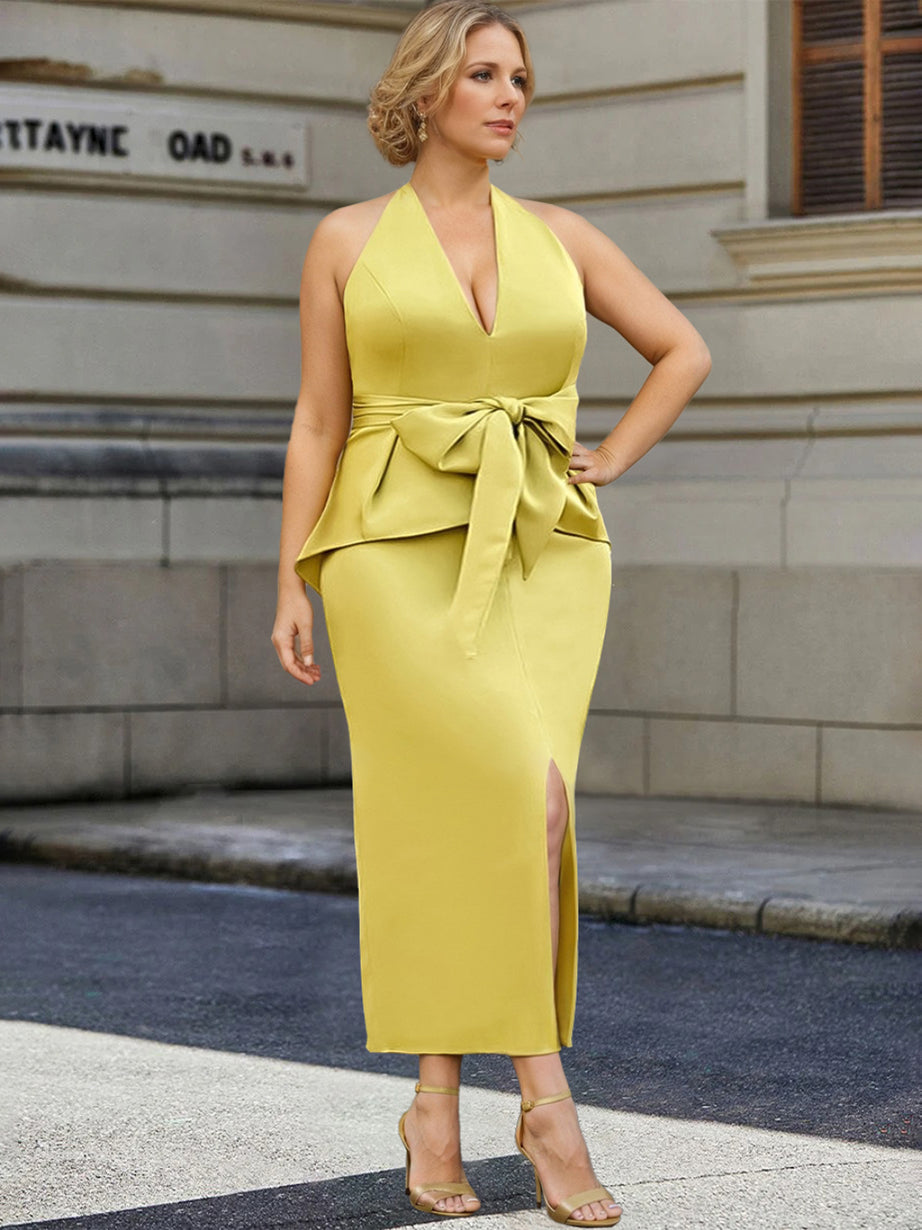 halter neck summer dress Yellow Plus Size Mother of The Bride Dresses Sheath/Column Halter Sleeveless Tea-Length Formal Wedding Guest Gowns with Bow & Split Side, Yellow