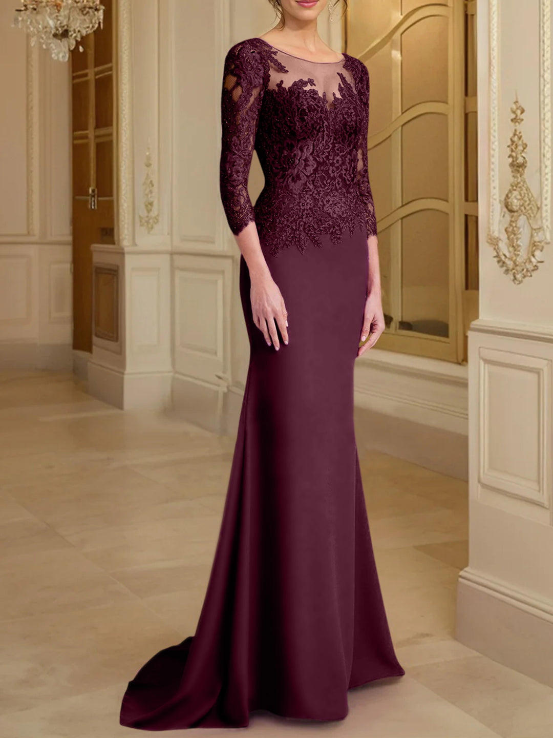 Trumpet/Mermaid Scoop Long Sleeves Mother of the Bride Dresses With Lace Brown Trumpet/Mermaid Scoop Long Sleeves Mother of the Bride Dresses With Lace Brown