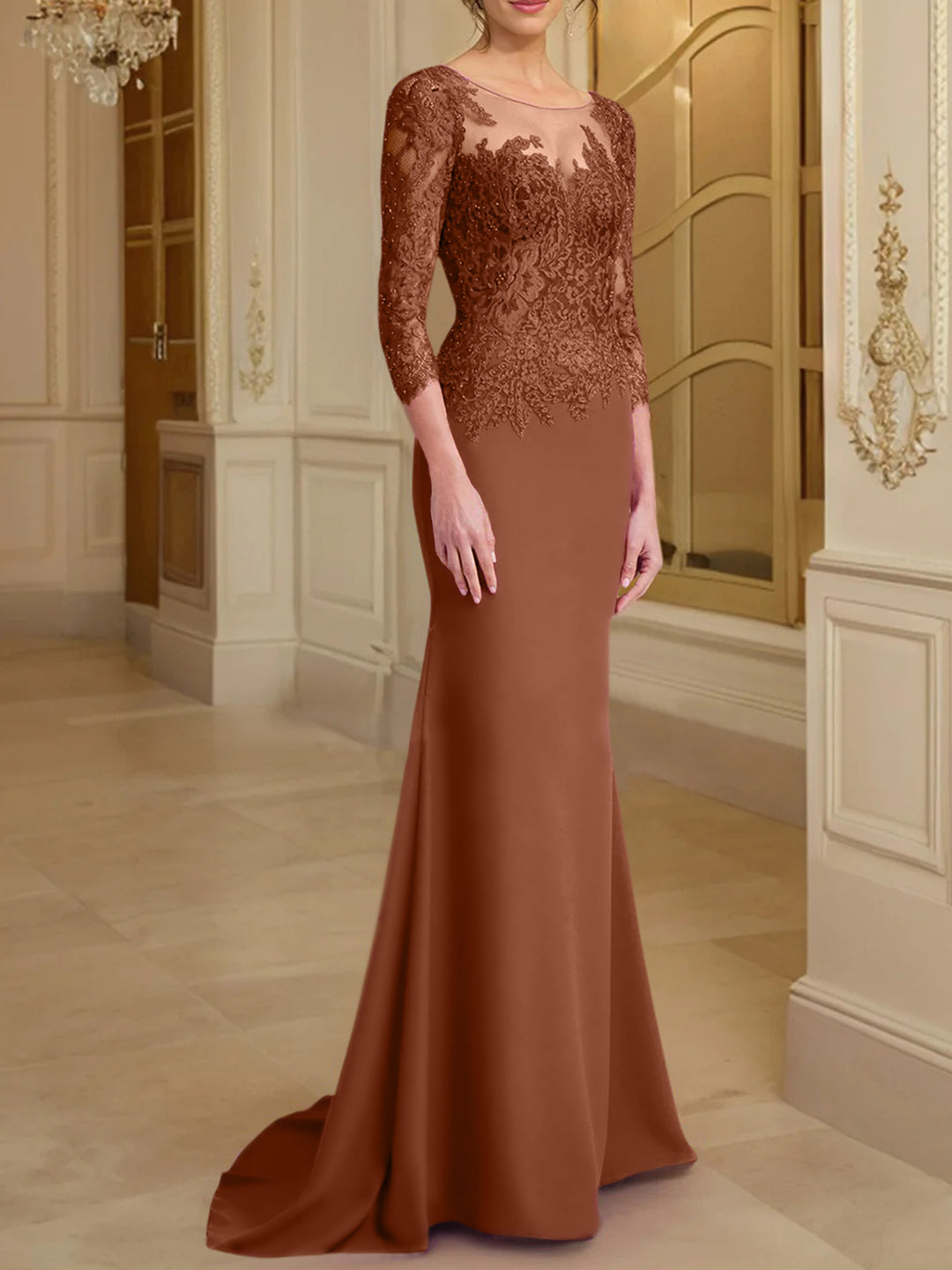Trumpet/Mermaid Scoop Long Sleeves Mother of the Bride Dresses With Lace Burnt Orange Trumpet/Mermaid Scoop Long Sleeves Mother of the Bride Dresses With Lace Burnt Orange