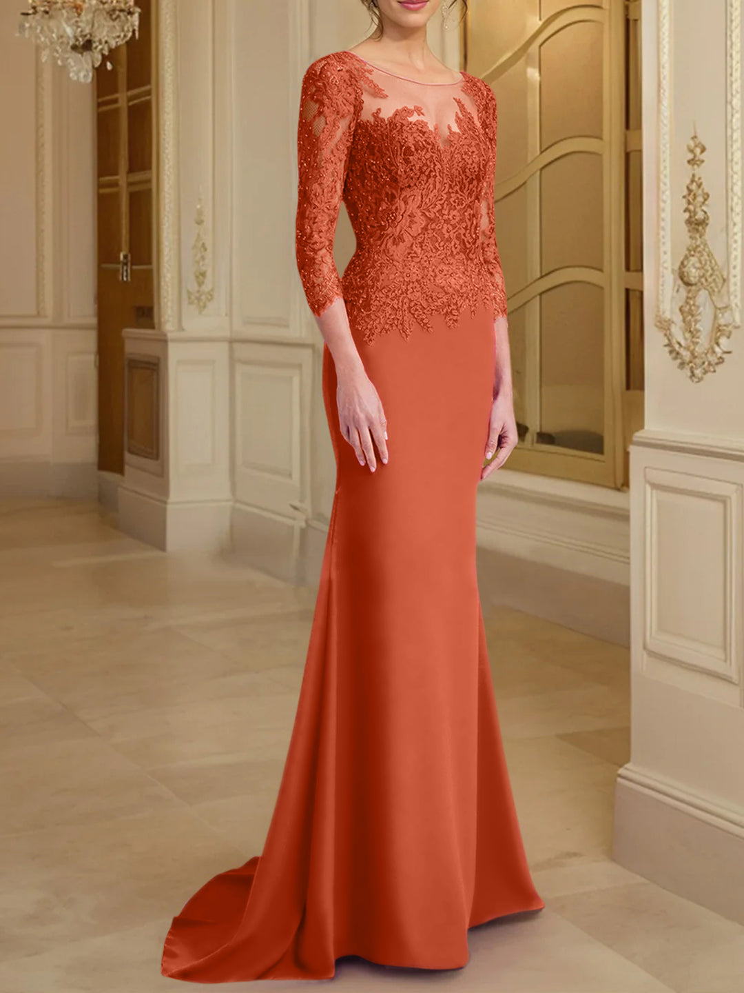 mother of the bride dresses in orange county Burnt Orange Mother Of Bride Dress A Line V Neck 3/4 Illusion Sleeves Appliqued Chiffon Floor Length Mother Of The Bride Dresses