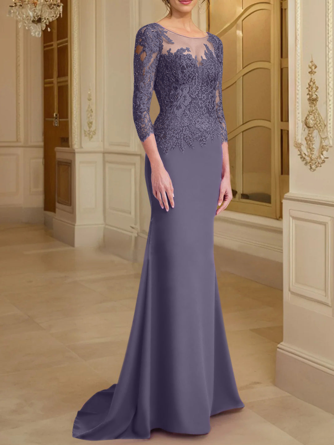 Trumpet/Mermaid Scoop Long Sleeves Mother of the Bride Dresses With La - Mondressy Trumpet/Mermaid Scoop Long Sleeves Mother of the Bride Dresses With La - Mondressy