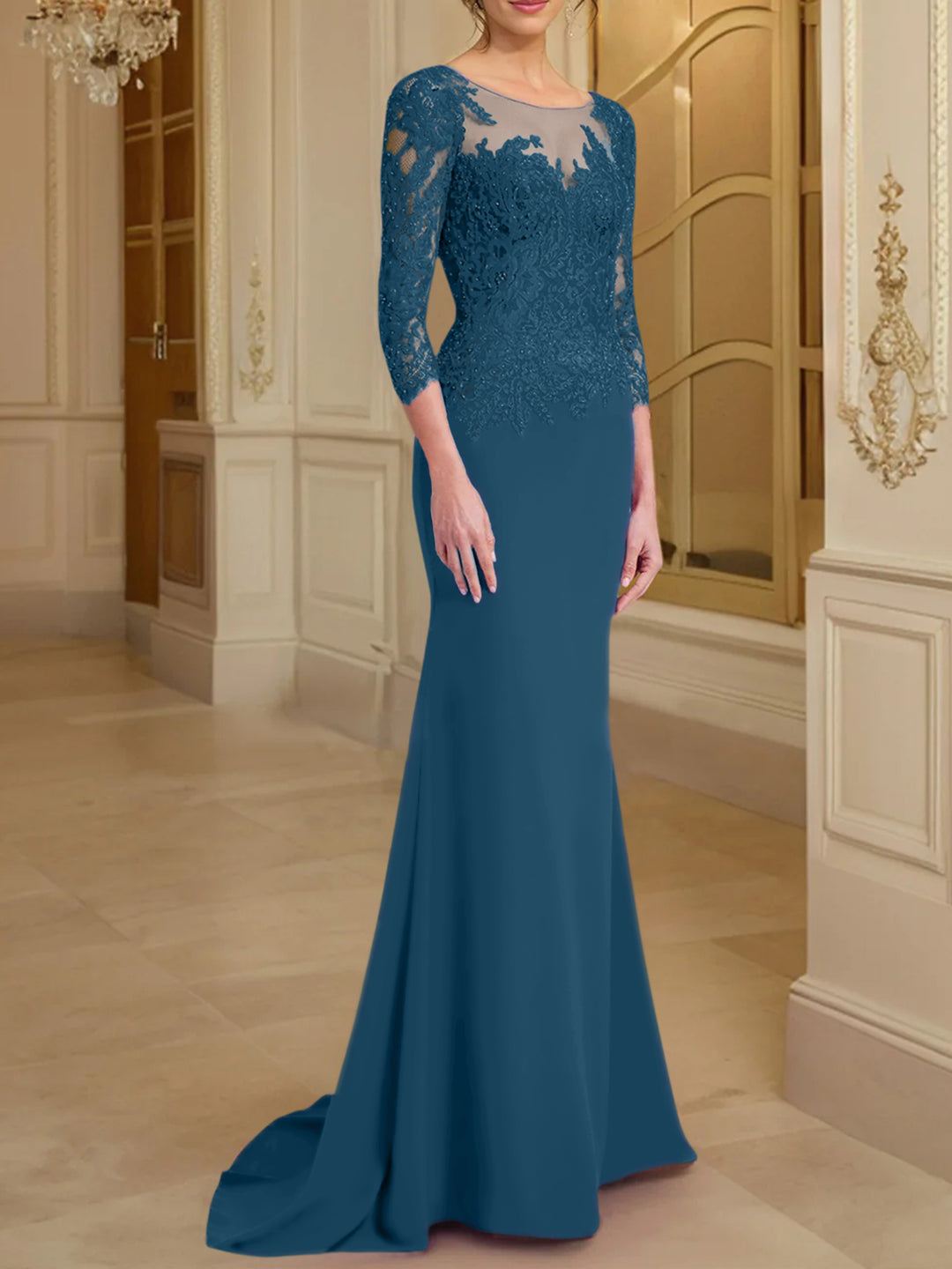 Trumpet/Mermaid Scoop Long Sleeves Mother of the Bride Dresses With La - Mondressy Trumpet/Mermaid Scoop Long Sleeves Mother of the Bride Dresses With La - Mondressy